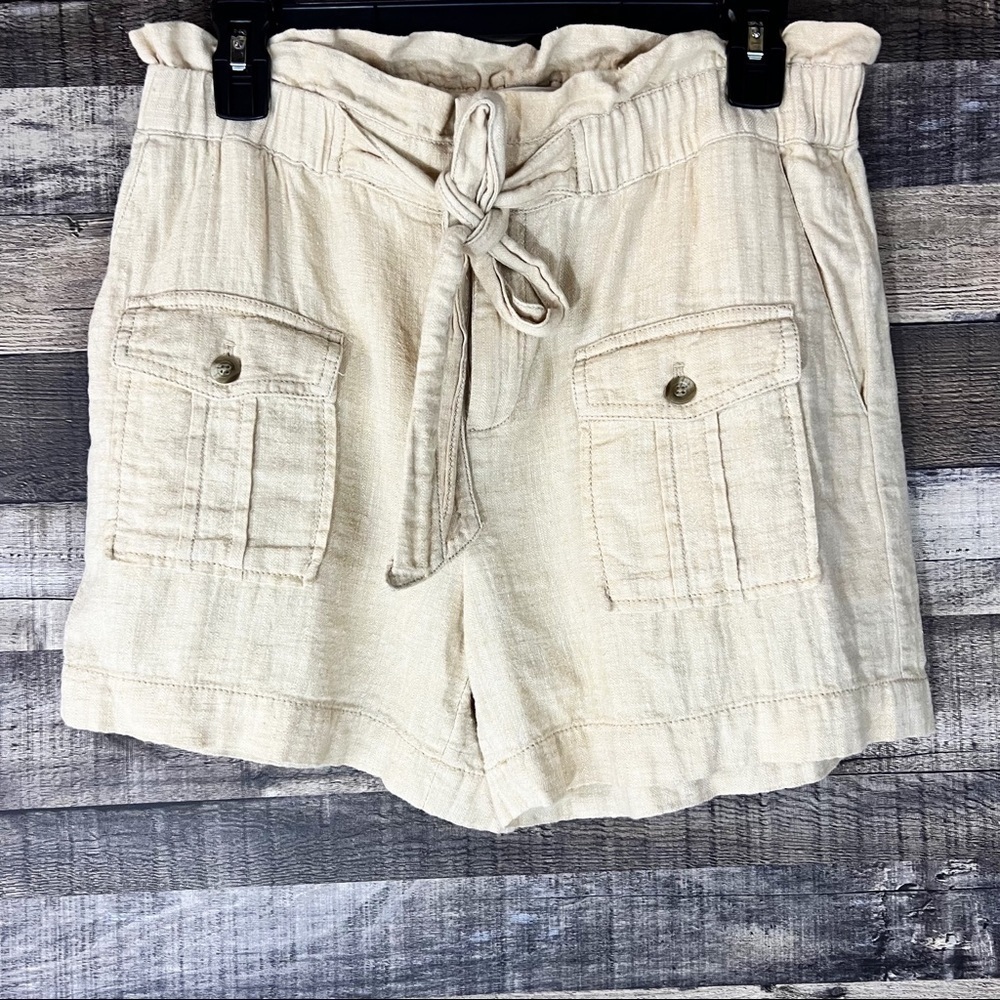 Anthropologie Elevenses Linen Blend Paperbag Waist Utility Shorts S Boho Vacay